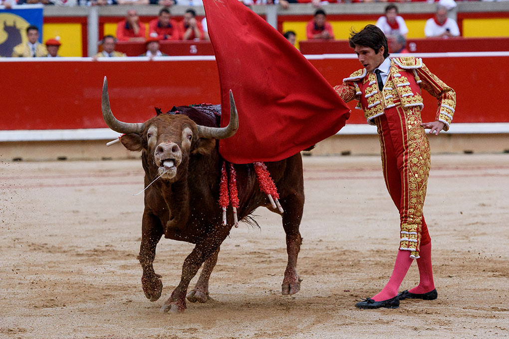 After the tercio de varas (third of rods) and the tercio of banderillas (“the third of banderillas”) the bull looses blood for several minutes.